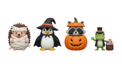 Halloween Characters' Gathering: A delightful gathering of festive Halloween characters in costumes, featuring a hedgehog, a penguin, a raccoon and frog.