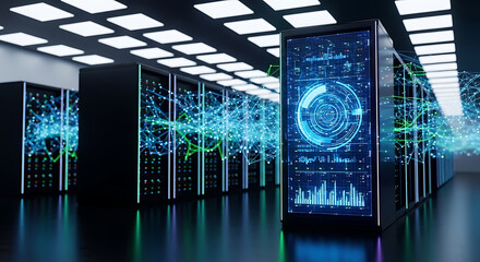 Server rack displaying digital interface with data charts and network connections technology