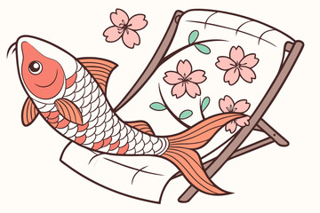 Koi fish near a deck chair with cherry blossoms