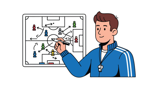 Strategic football coaching: A coach explaining tactics using a diagram showcasing game planning and strategic team management techniques for