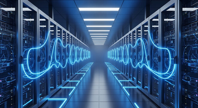 Server Hall with Blue Neon Waves and Rows of Computer Racks data center server room