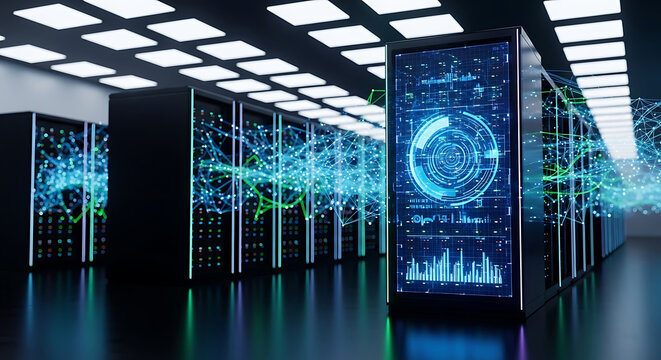 Server rack displaying digital interface with data charts and network connections technology - Powered by Adobe