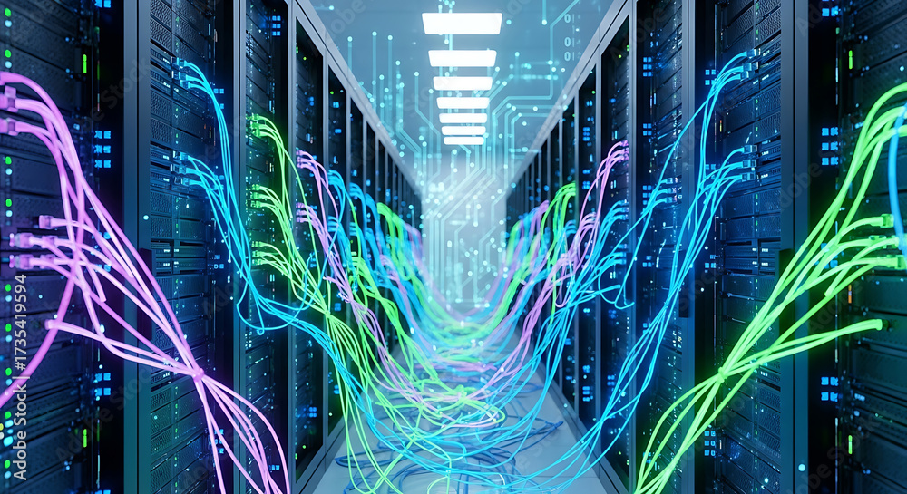Wall mural server room corridor with colorful glowing data cables flowing between racks data center