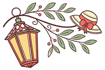 Vintage lantern and straw hat on a branch with leaves and berries