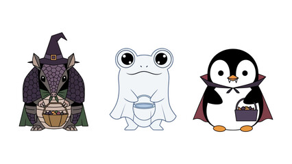 Halloween Animal Costumes: This whimsical illustration showcases an armadillo dressed as a witch, a charming frog as a ghost, and a penguin as a vampire, all in festive Halloween costumes.