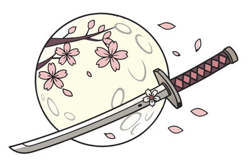 Katana sword with cherry blossoms and full moon, japanese style