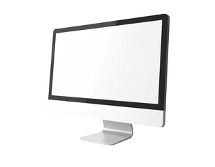Modern silver desktop computer with a blank white screen, angled against a dark background