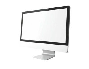 Modern silver desktop computer with a blank white screen, angled against a dark background