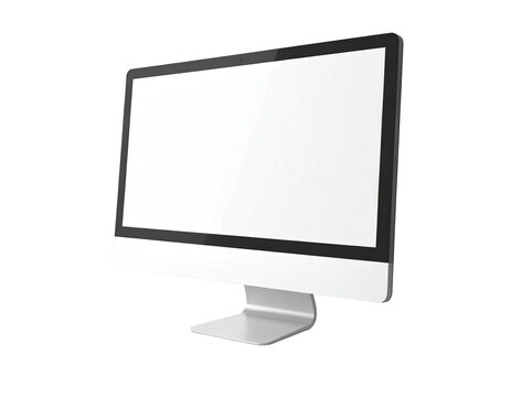 Modern silver desktop computer with a blank white screen, angled against a dark background