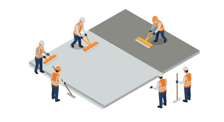 Construction workers smoothing concrete surface in isometric style