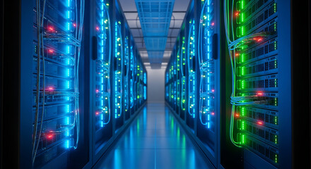 Server room with blue and green glowing lights and server racks data center technology
