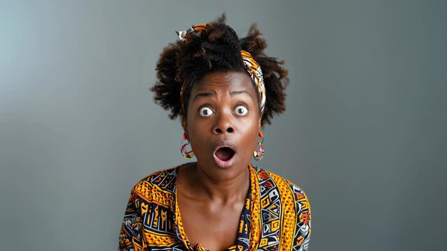 Woman in a patterned top gasps with comic surprise in a minimalist studio, even lighting and centered framing for instant readability; versatile states-of-mind asset for headlines, price reveals