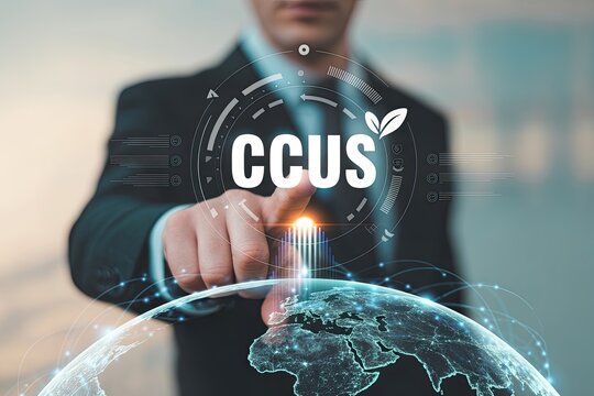 Futuristic concept of ccus technology presented by business person touching digital globe