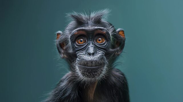 Expressive monkey stares curiously at the lens, glossy eyes and detailed fur rendered in cinematic studio light; captivating wildlife close-up designed for education
