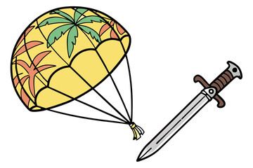 Yellow parachute with palm tree pattern and sword