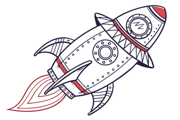 Retro rocket ship flying with flame