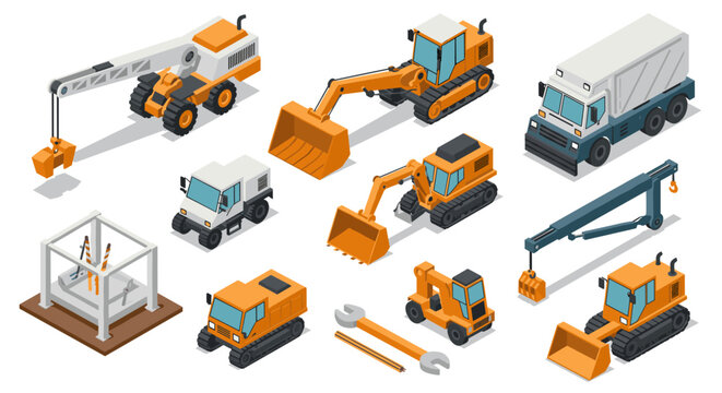 Fototapeta Construction equipment isometric icons excavator, crane, bulldozer, truck, and tools