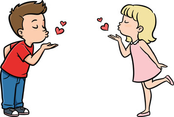 Cartoon boy and girl blowing kisses, love and affection illustration, childhood romance, playful emotions, friendship, lifestyle, happiness, relationship, joy, connection