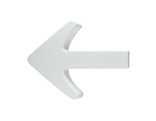 A sleek, white 3D arrow pointing left, against a dark background, realistic render
