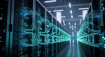 Server room with glowing green fiber optic cables and data visualization data center technology