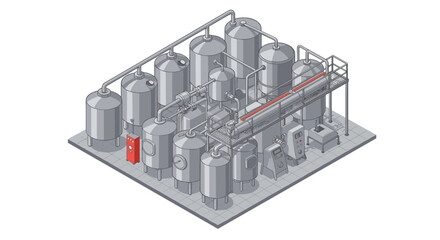 Isometric brewery equipment set with fermentation tanks and industrial pipes