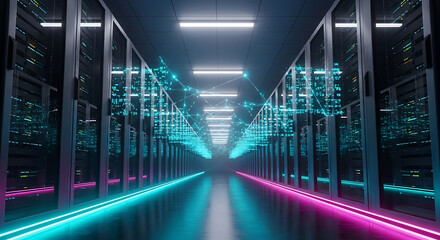 Server room with pink and cyan neon lights and a digital network overlay data center technology