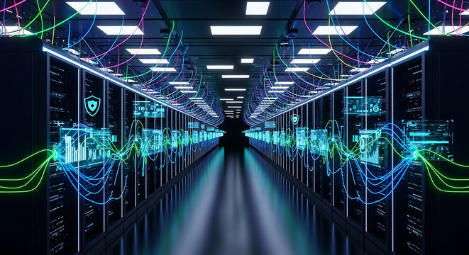 Server room with holographic data streams and colorful cables connecting racks data center