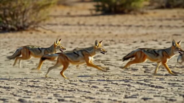 Group of jackals running across sandy plains wildlife photography