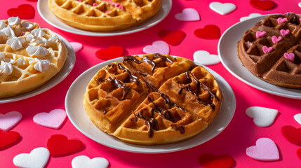 Fototapeta premium four plates with waffles on a vibrant pink background, all adorned with hearts for a sweet Valentine's theme