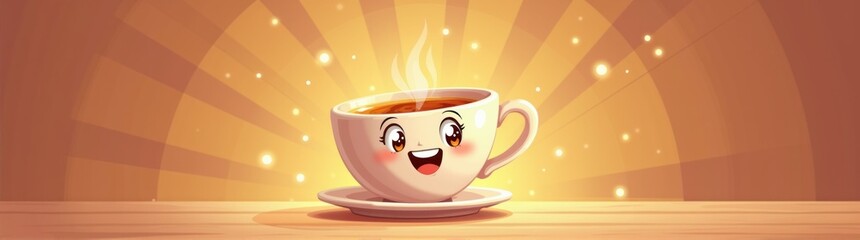 Cartoon coffee cup with a happy face on a saucer