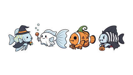 Halloween Fish Crew: A delightful lineup of whimsical cartoon fish in Halloween costumes, each adorned with a unique festive flair.