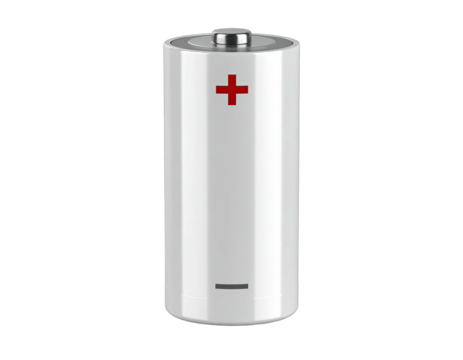 A cylindrical object with a red plus sign and a black minus sign on a white body