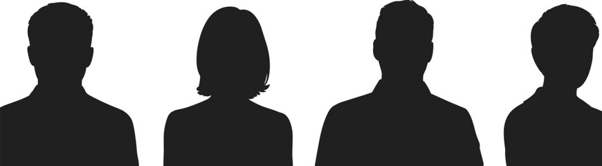 Silhouettes of four people, black figures on white background, group concept, anonymous individuals, minimal design, diversity theme, modern graphic, isolated characters, identity concept