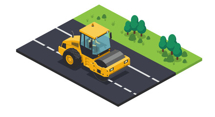 Isometric road roller on asphalt segment with trees and grass