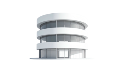 3-story, modern white circular building with glass windows against a black backdrop