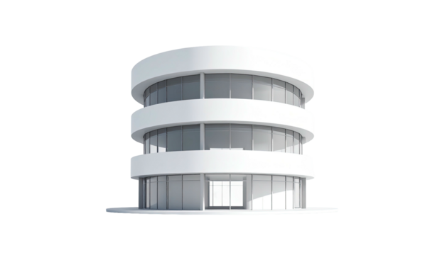 3-story, modern white circular building with glass windows against a black backdrop
