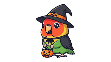 Halloween Parrot in Costume: A cute and cheerful cartoon parrot dressed up for Halloween, wearing a witch hat and cape while holding a pumpkin. Perfect for Halloween decor and themed content.