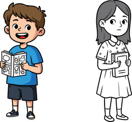 Cartoon children reading books, boy holding comic, girl with coloring book, childhood learning, imagination, education, creativity, friendship, playful activity, fun