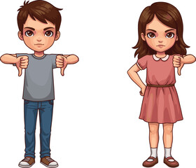 Cartoon children showing thumbs down, serious expression, disapproval gesture, emotional reaction, body language, kids illustration, feedback concept, unhappy mood