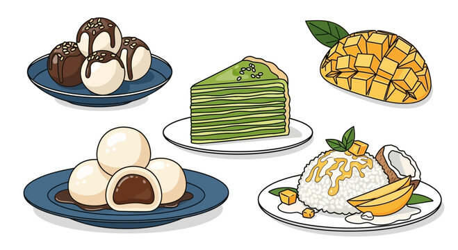 Assorted sweet desserts and fruits on plates.
