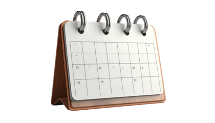 Desk calendar showing a monthly view, supported by a brown leather stand