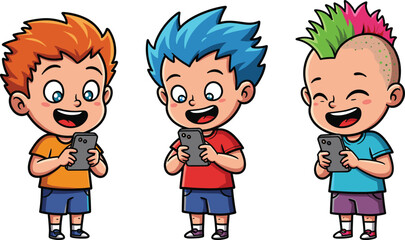 Cartoon children using smartphones, digital interaction, excited expressions, mobile technology, playful moment, tech-savvy kids, screen time, modern lifestyle, colorful illustration