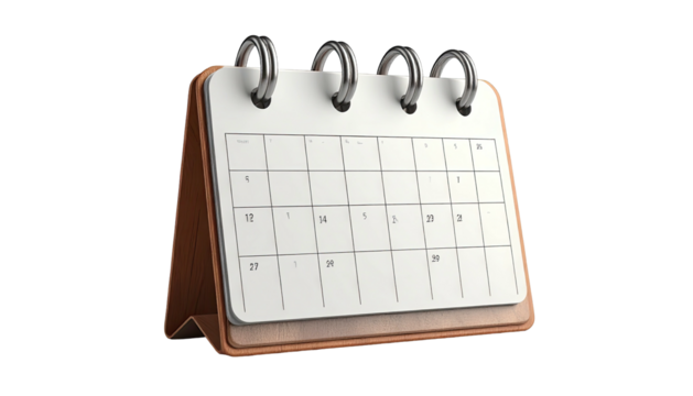 Desk calendar showing a monthly view, supported by a brown leather stand