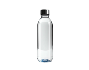 Sleek, transparent water bottle with a dark cap against a pure black background