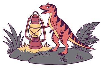 Cartoon dinosaur holding a vintage lantern in a prehistoric jungle