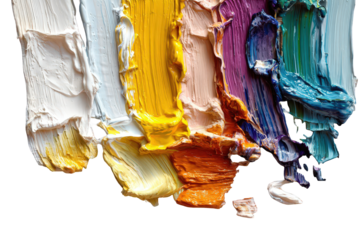 Close Up of Thick Textured Multicolored Acrylic Paint Swirls on a Black Transparent Background Vivid Colors Including White Yellow Orange Purple and Teal Creating a Striking Abstract Design Art