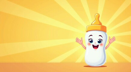 Cartoon baby bottle with arms up and eyes wide open