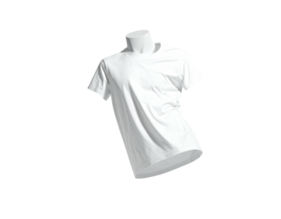 White t-shirt on a headless mannequin, floating against a stark black background