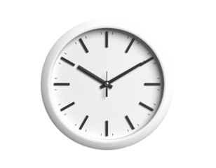 White wall clock with black hands and markings, isolated on black background