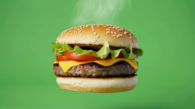 Steaming hot burger on green screen background for animation and compositing